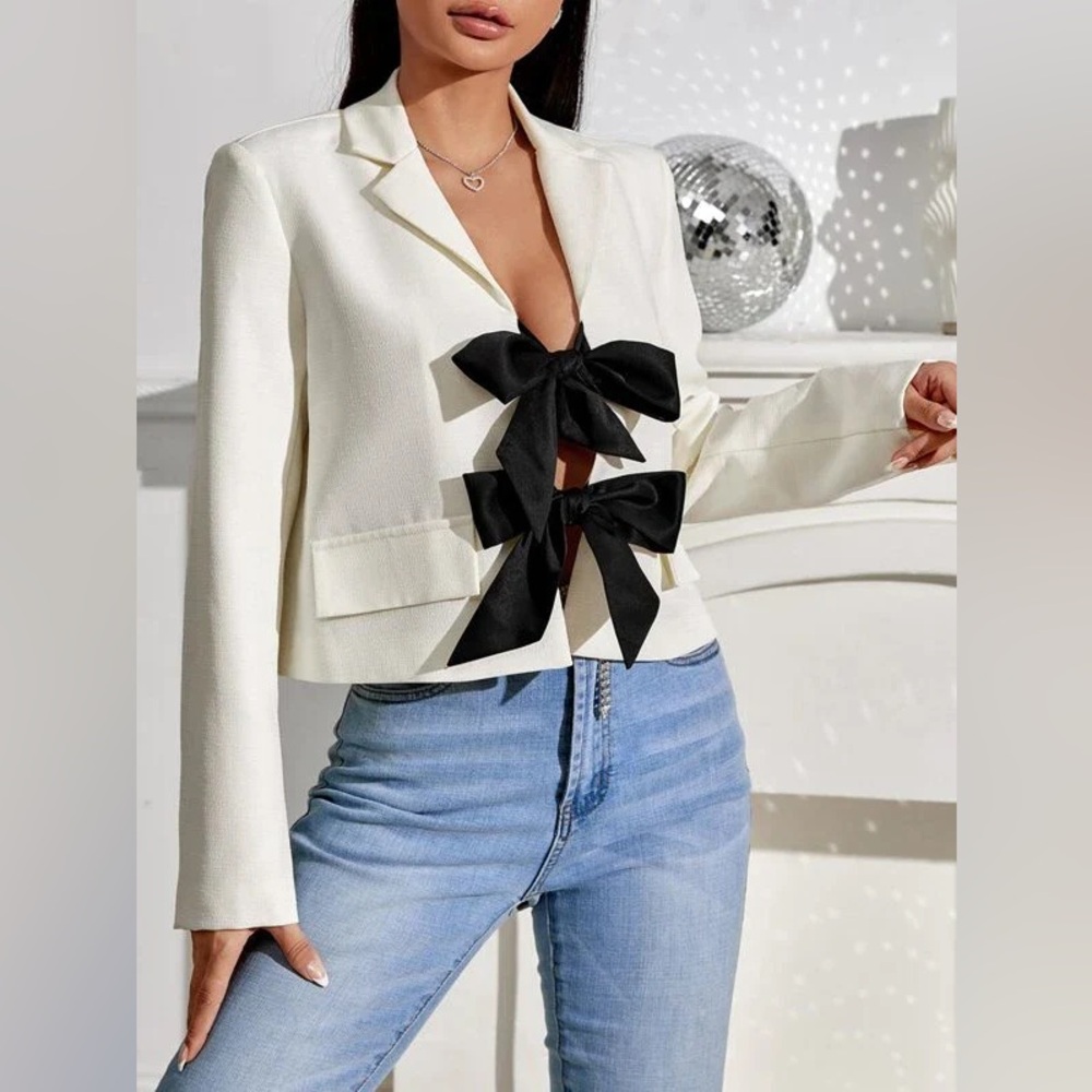 ZARA Bow Tie Short Jacket Blazer Linen Blend XS Faux Pockets Blogger Favourite